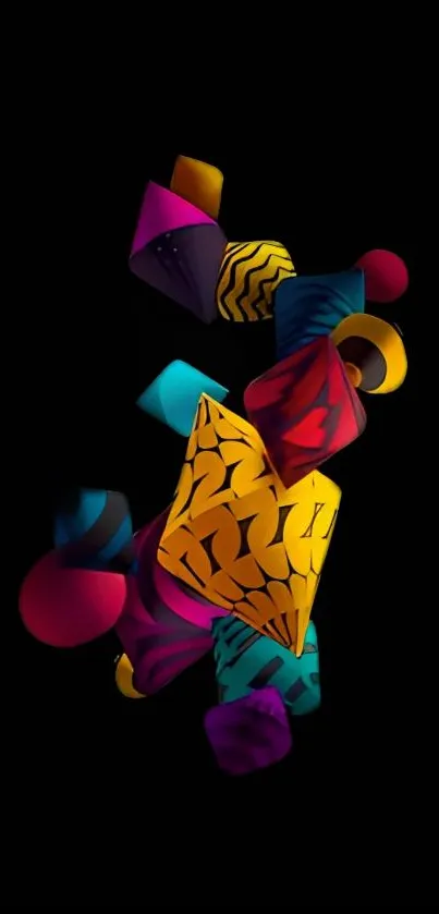 Vibrant abstract shapes on a dark background with geometric design.