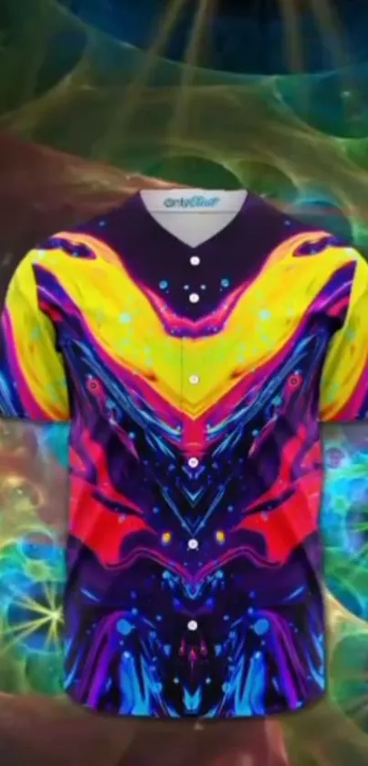 Vibrant abstract shirt with neon colors against a dynamic background.