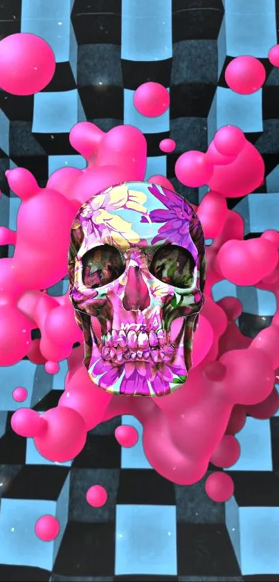 Vibrant abstract skull with pink spheres and a checkered background.