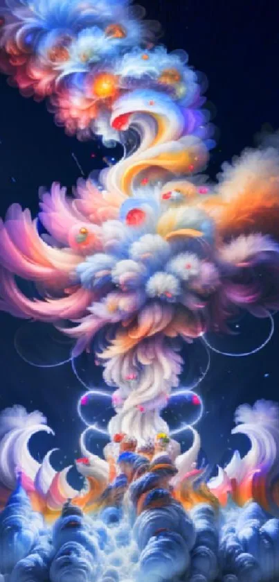 Vibrant abstract cloud-inspired digital artwork with a dark blue background.