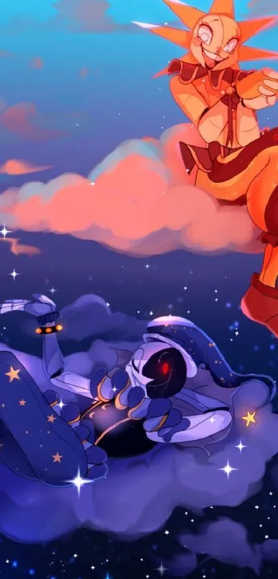 Two whimsical characters lounging on colorful clouds in a starry sky.