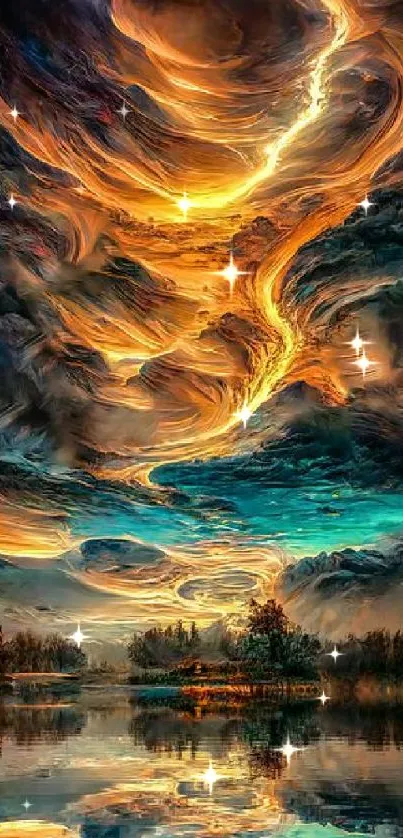 Vibrant abstract wallpaper with swirling orange and blue clouds over water.