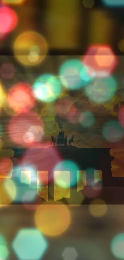 Colorful abstract skyline with bokeh lights.