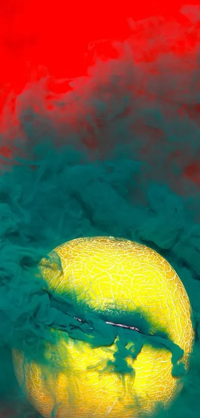 Vibrant abstract smoke wallpaper with red, teal, and yellow hues.