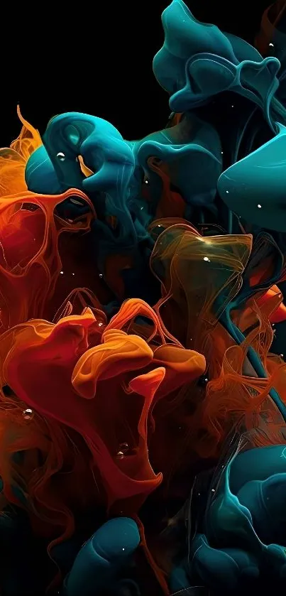 Abstract smoke art wallpaper with teal and orange hues.