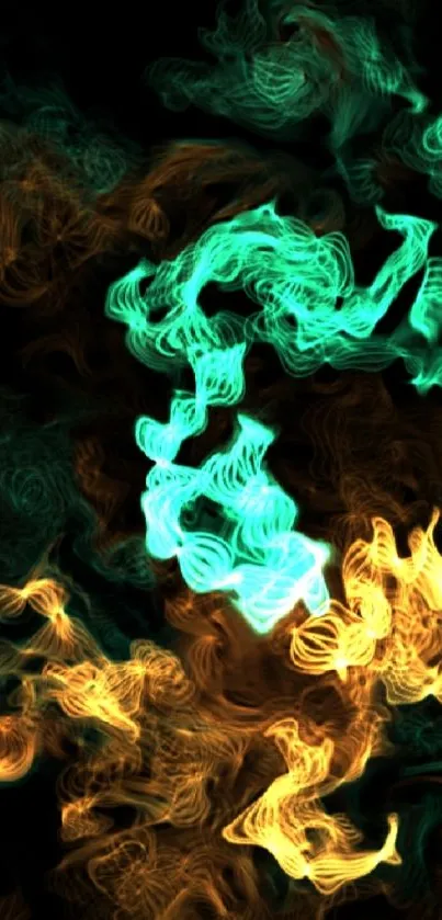 Vibrant abstract smoke art wallpaper with turquoise and yellow hues.