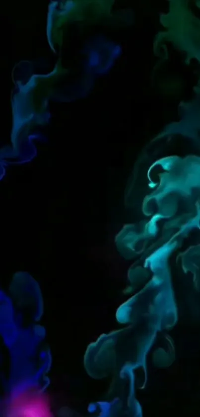 Vibrant abstract smoke design with neon blues and greens on a black background.