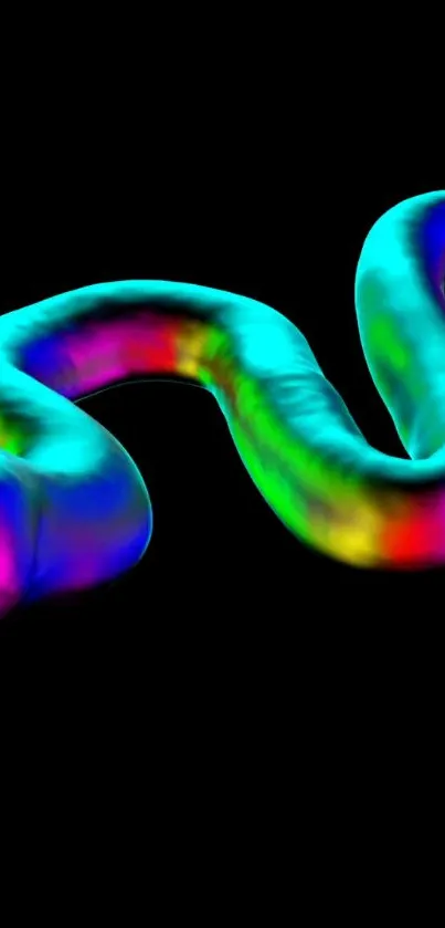 Vibrant abstract snake with colorful stripes on black background.