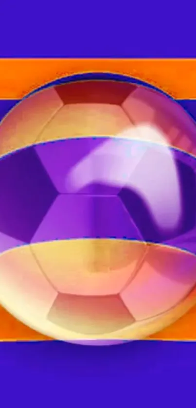 Vibrant abstract soccer ball art with purple and orange hues.
