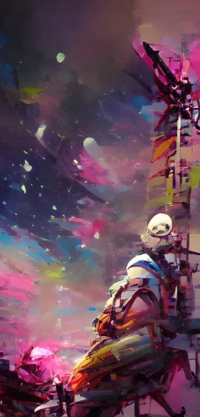 Colorful abstract space and astronaut artwork.