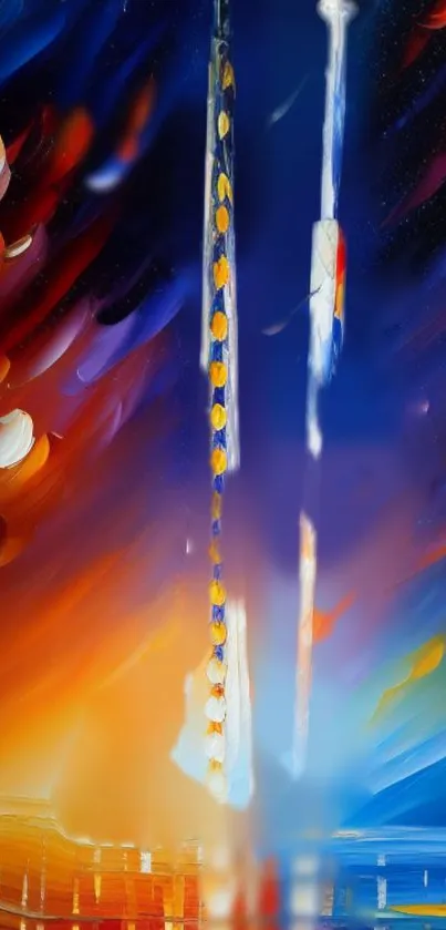 Abstract rocket launch with vibrant colors in a digital painting.