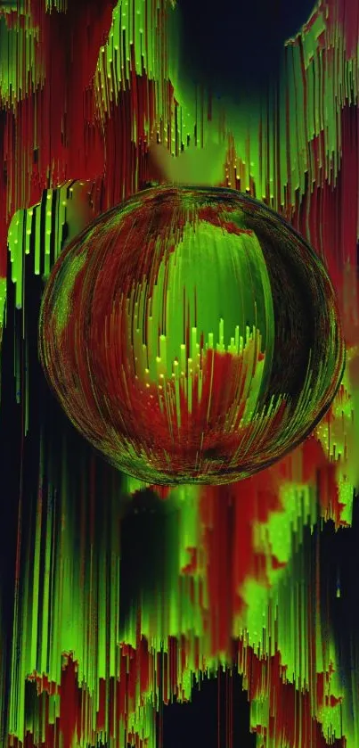 Abstract wallpaper with vibrant green and red tones, featuring a central sphere.