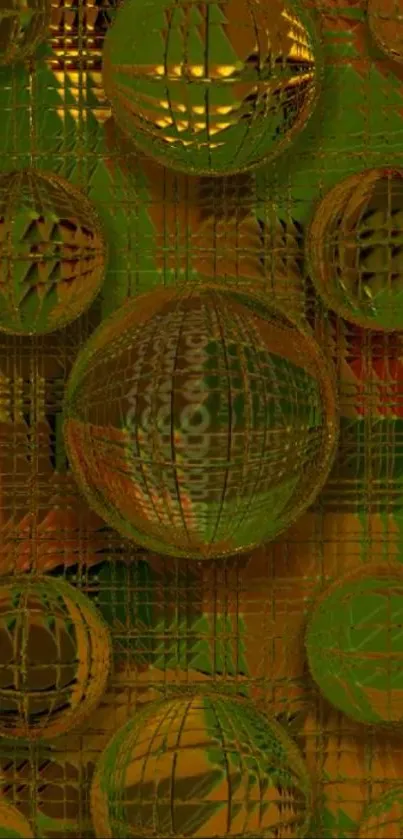 Abstract 3D spheres with green and gold design