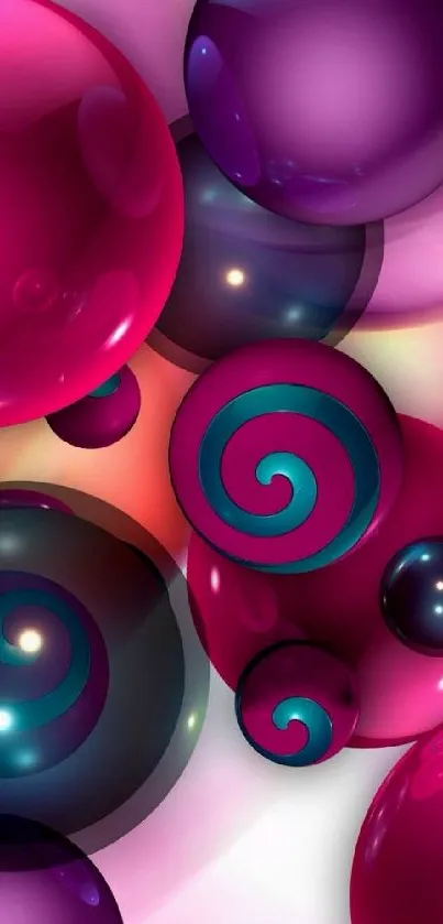 Colorful abstract spheres in purple gradient.