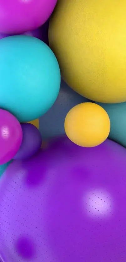 Vibrant spheres in purple, yellow, and teal on abstract wallpaper.