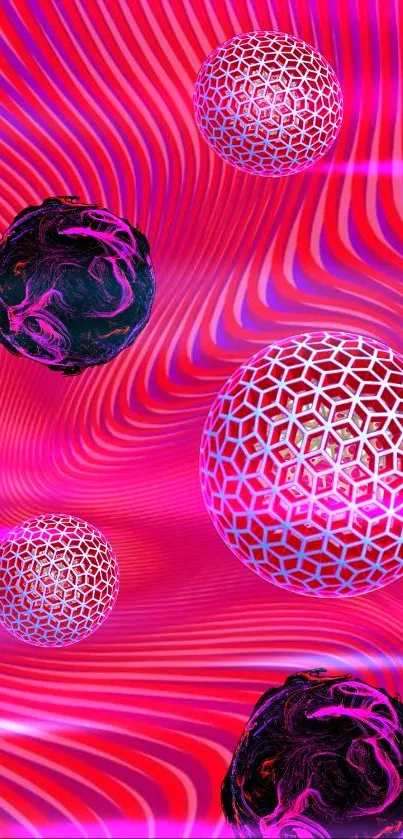 Vibrant abstract wallpaper with pink spheres and dynamic lines.