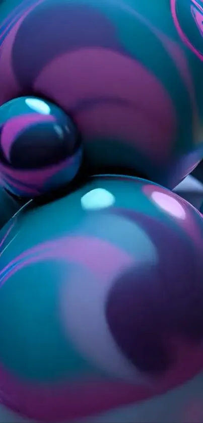 Abstract spheres in teal and purple 3D swirl.