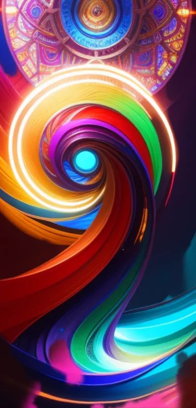 Vibrant abstract spiral with rainbow colors on mobile wallpaper.