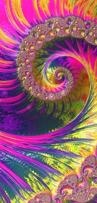 Vibrant pink and gold abstract spiral art wallpaper.