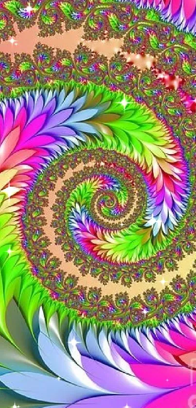 Vibrant abstract spiral art wallpaper with colorful fractal patterns.