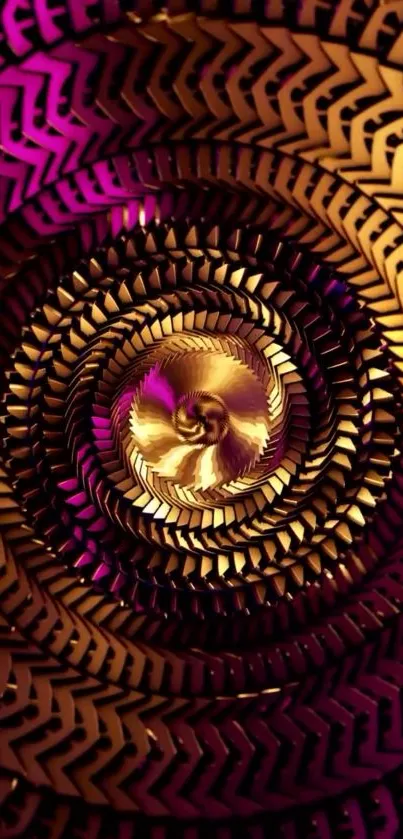 Abstract spiral design with gold and purple colors in a geometric pattern.