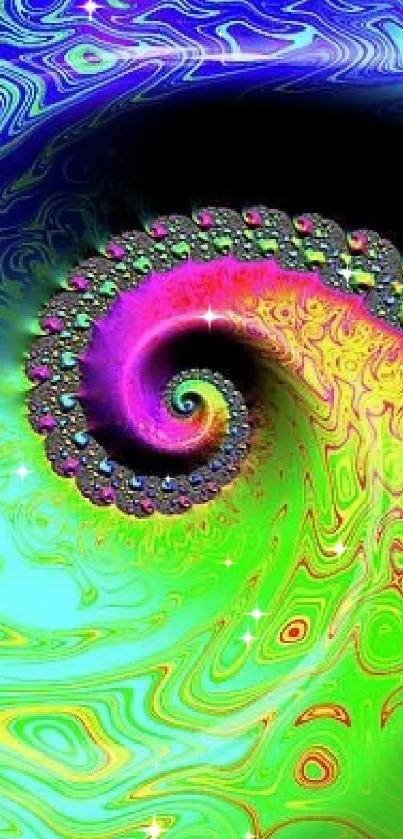 Vibrant abstract spiral with green and purple hues creating a psychedelic design.