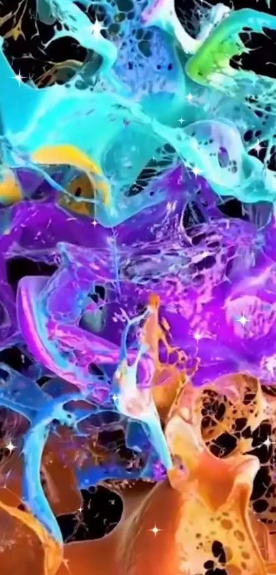 Vibrant abstract splash art with colorful waves on black background.