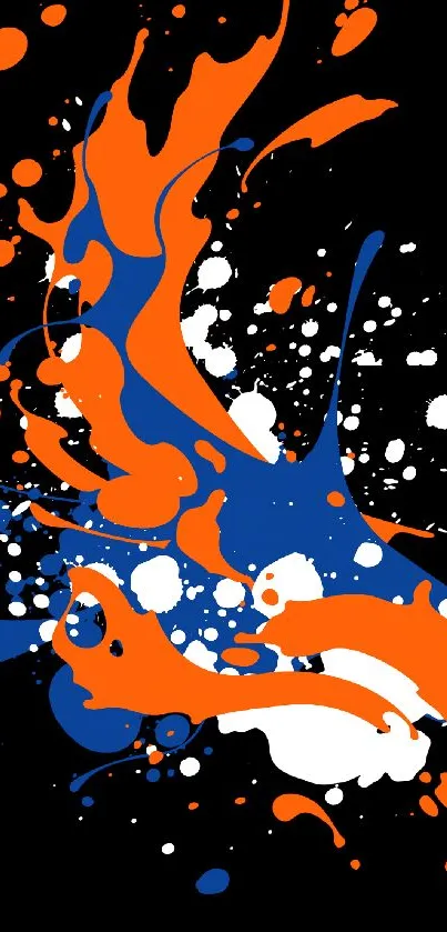 Abstract mobile wallpaper with orange, blue, and white splashes on black.