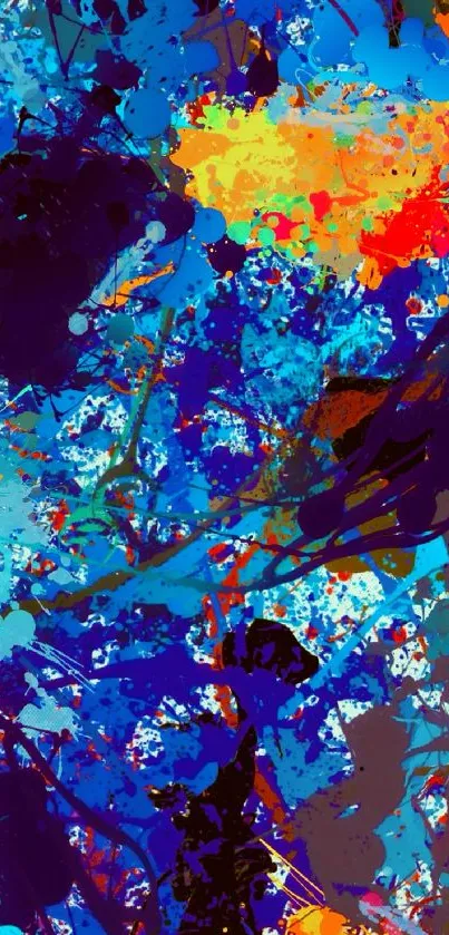 Vibrant abstract splatter wallpaper with blue and orange hues.