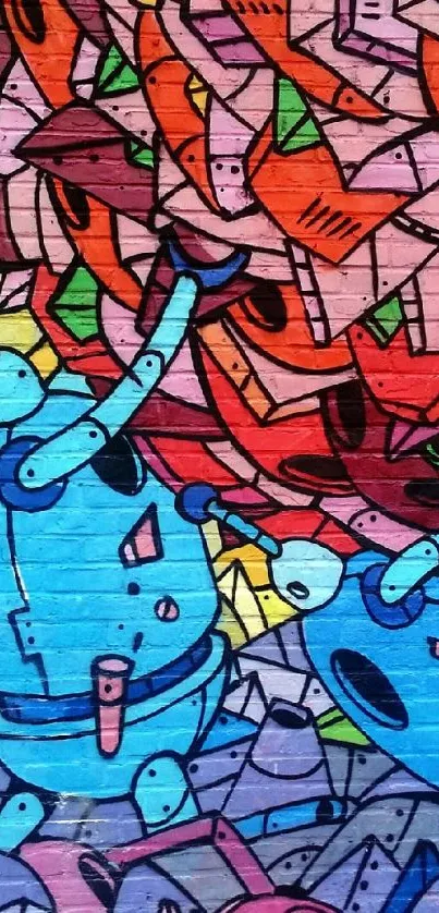 Vibrant abstract graffiti with colorful characters on a mobile wallpaper.