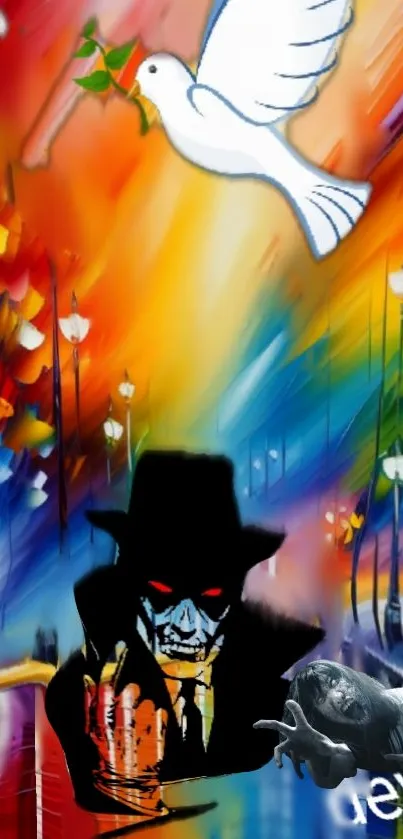 Vibrant street art wallpaper with dove and urban scenery.