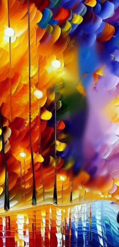 Vibrant abstract art with street lights and colorful background.