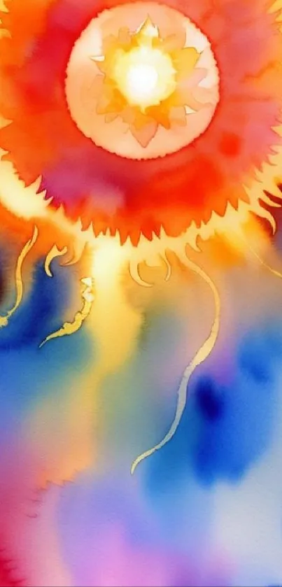 Vibrant abstract sunburst in orange and blue watercolor design.