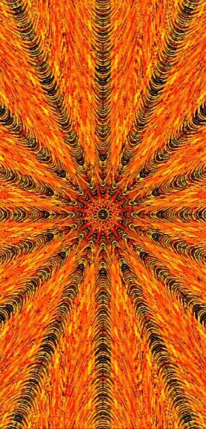 Vibrant abstract sunburst wallpaper with orange and yellow kaleidoscopic design.