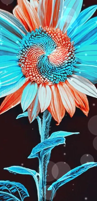 Vibrant blue and orange abstract sunflower art on a dark background.