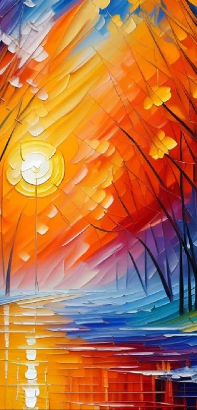 Abstract sunset art with vibrant colors and swirling patterns.