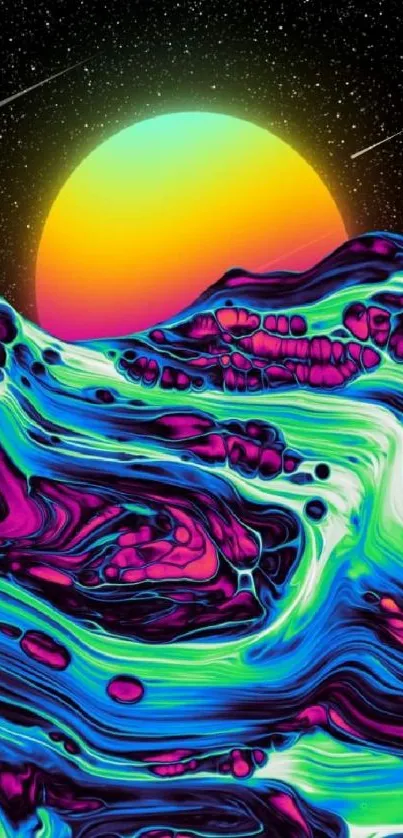 Vibrant abstract sunset with neon colors and starry background.