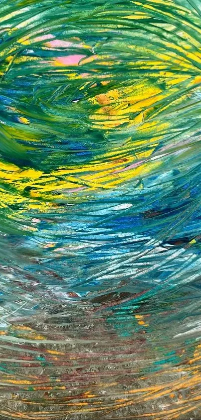 Colorful abstract swirl with green, blue, and yellow hues.