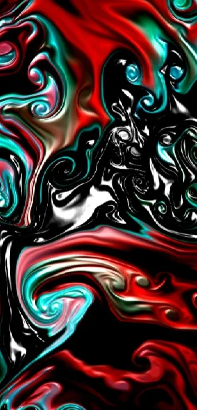 Vibrant red, black, and teal abstract swirl wallpaper.