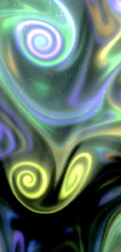 Vibrant abstract swirl wallpaper with green and purple hues.