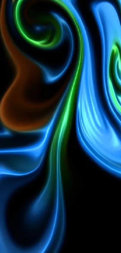 Vibrant blue, green, and brown swirl abstract wallpaper.