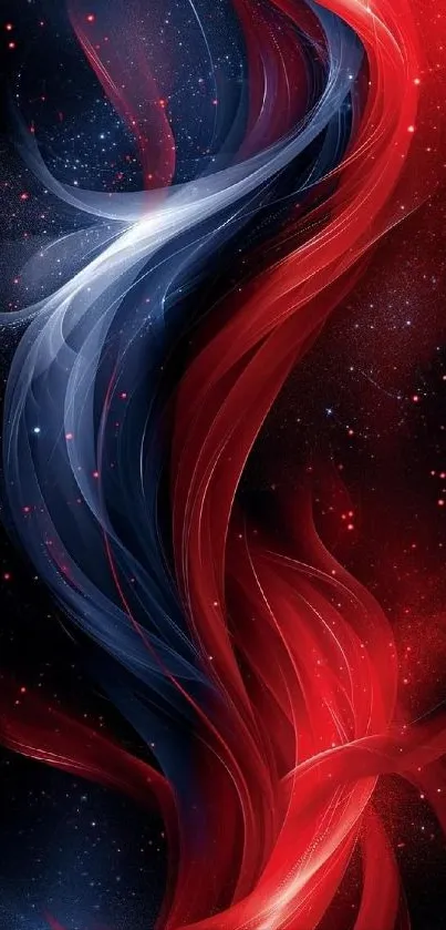 Vibrant abstract swirl wallpaper with red and blue cosmic design.