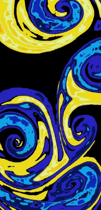 Vibrant yellow and blue swirl abstract wallpaper on black background.