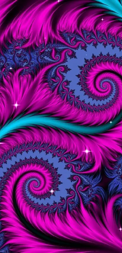 Mobile wallpaper with vibrant magenta swirls on a cyan and blue fractal background.