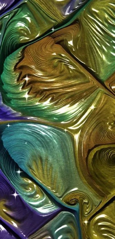 Abstract swirl wallpaper with green and gold hues.