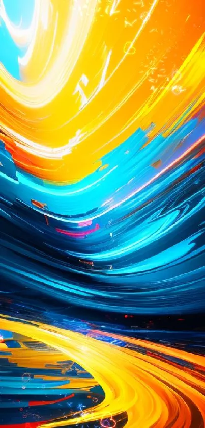 Vibrant abstract swirl wallpaper with blue and orange hues.