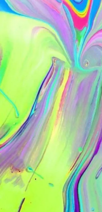 Vibrant abstract swirl in lime green and purple hues for mobile wallpaper.