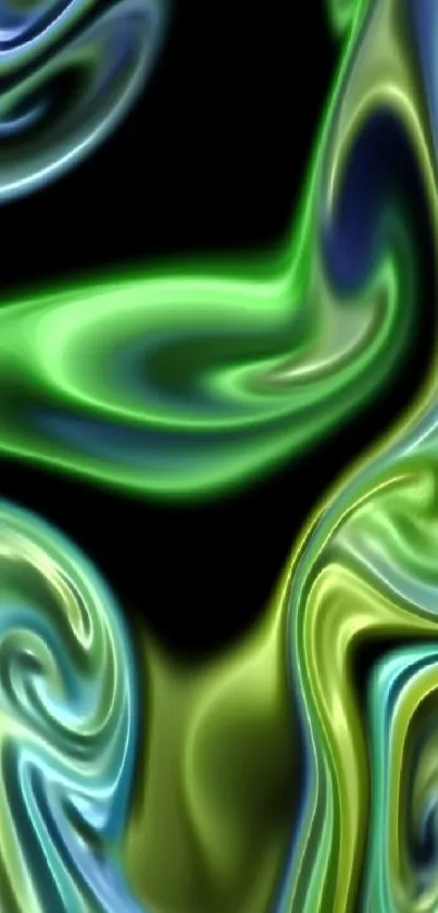 Abstract swirl wallpaper with green, blue, and yellow colors.