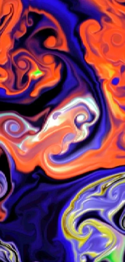 Vibrant abstract swirl wallpaper with orange and blue hues.