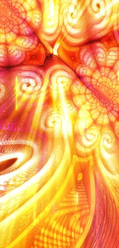 Colorful abstract swirl with vibrant fractal design in orange and pink hues.